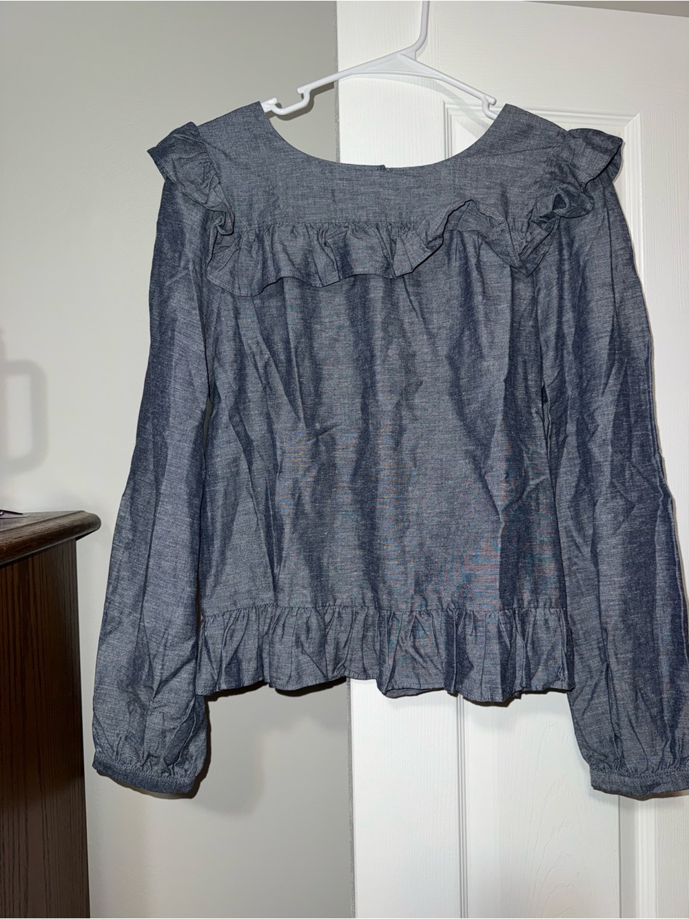 Jill Stuart Chambray Ruffle Yoke Blouse - Navy Blue